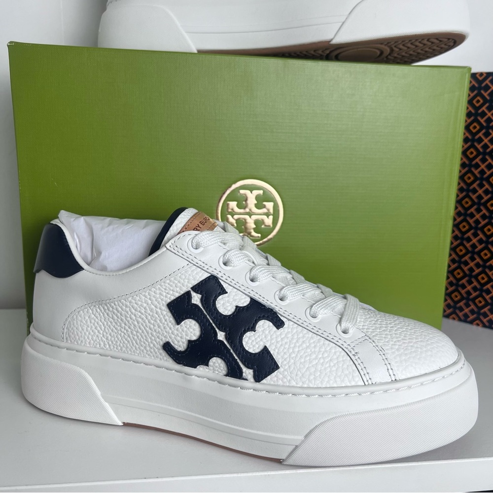 Tory Burch White and Navy Leather Sneakers - Picture 5 of 16